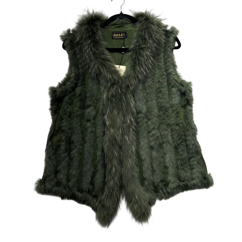 Jayley Collection Real Fur Vest Gilet One Size Green NWT Apres Ski Winter Knit